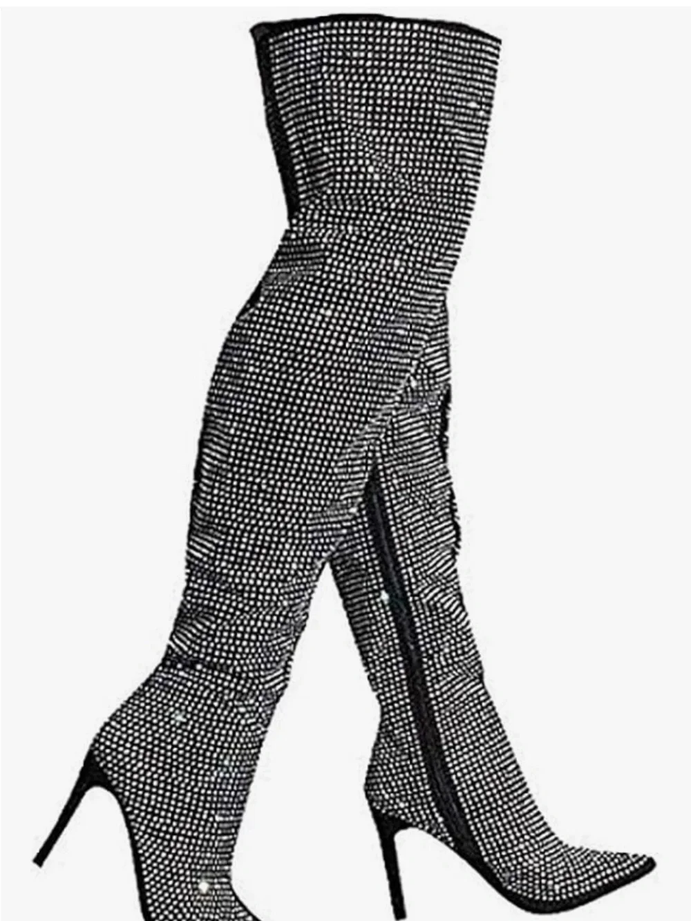 Black Rhinestone Thigh High Stiletto Boots - Sparkle Stretch Shaft